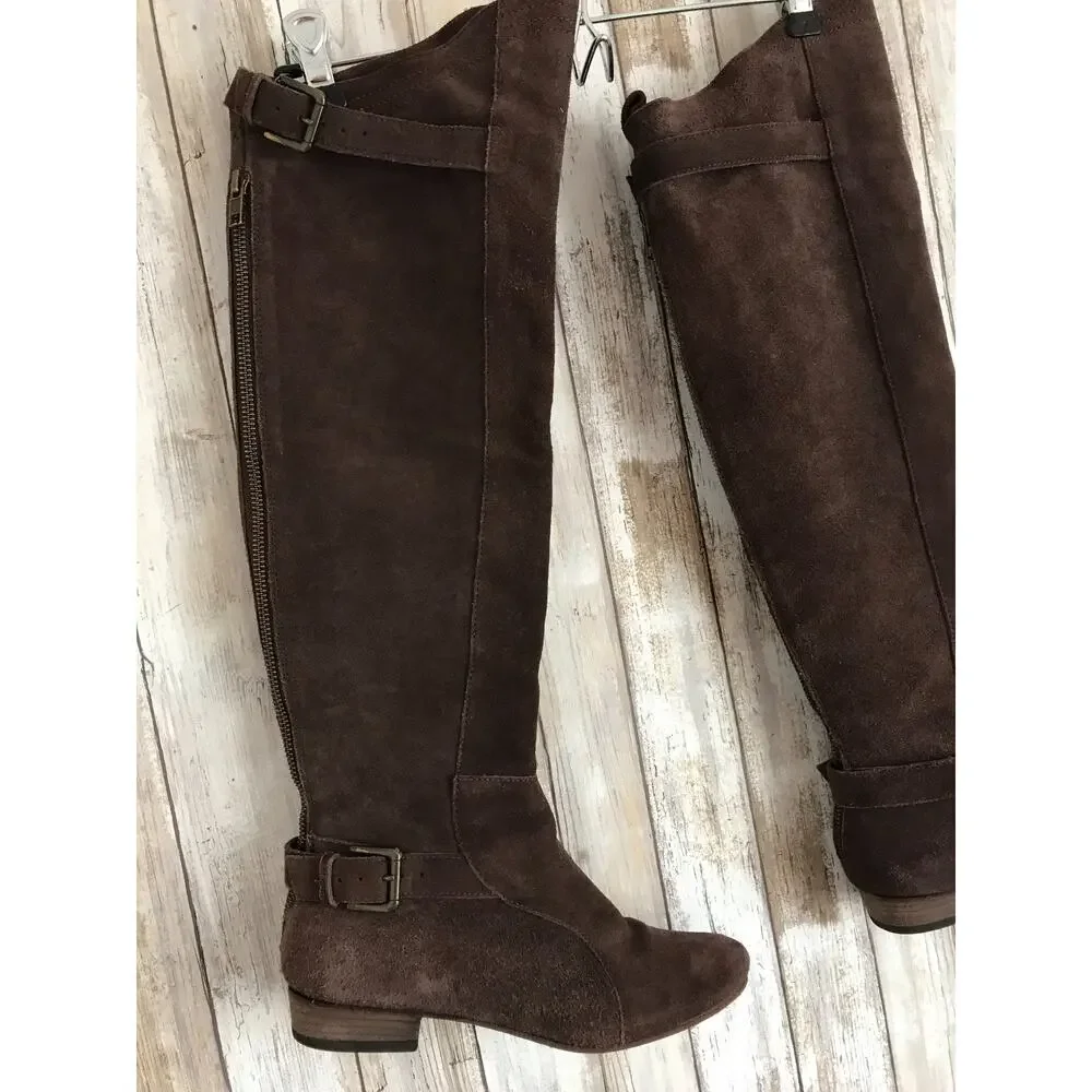 JOIE Many Roads Over The Knee Brown Suede Flat Boots Buckle Zipper 37 6.5